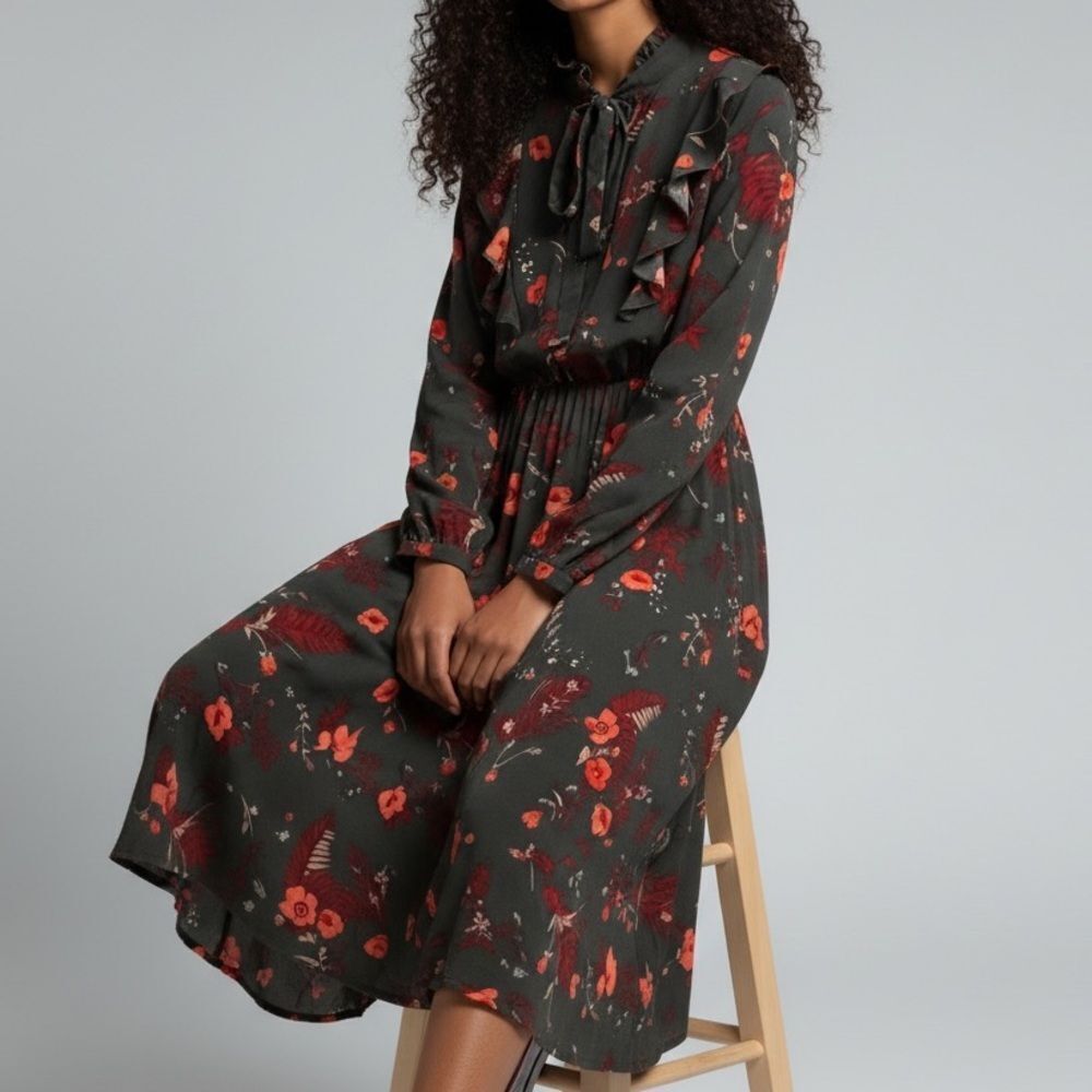 Shein Cottagecore Vibe Floral Long Sleeve Dress in Forest Green in Size Large